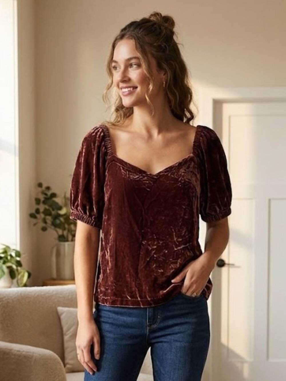 Loft Blouse Size XL Burgandy Velvet Sweetheart Puff Sleeve Top Shirt Whimsigoth